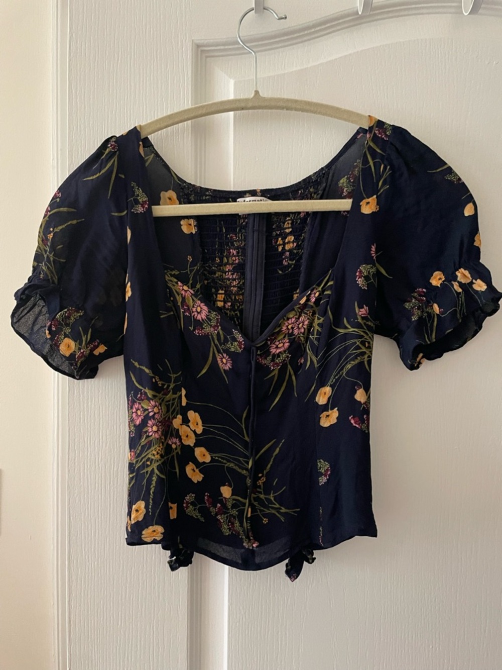 Reformation Navy Floral Blouse